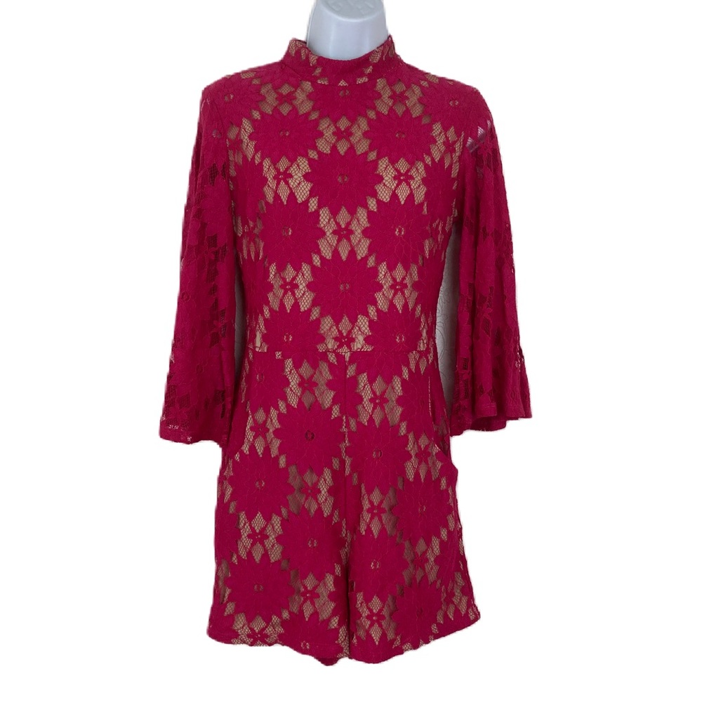 Va Va Voom vibrant magenta lace romper bell sleeves  Size S